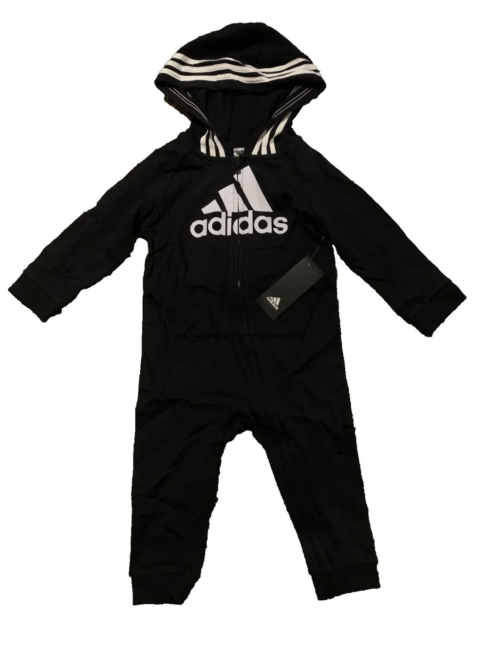 Adidas Baby 24M Black Hooded One Piece Tracksuit Coverall Full Zip NWT